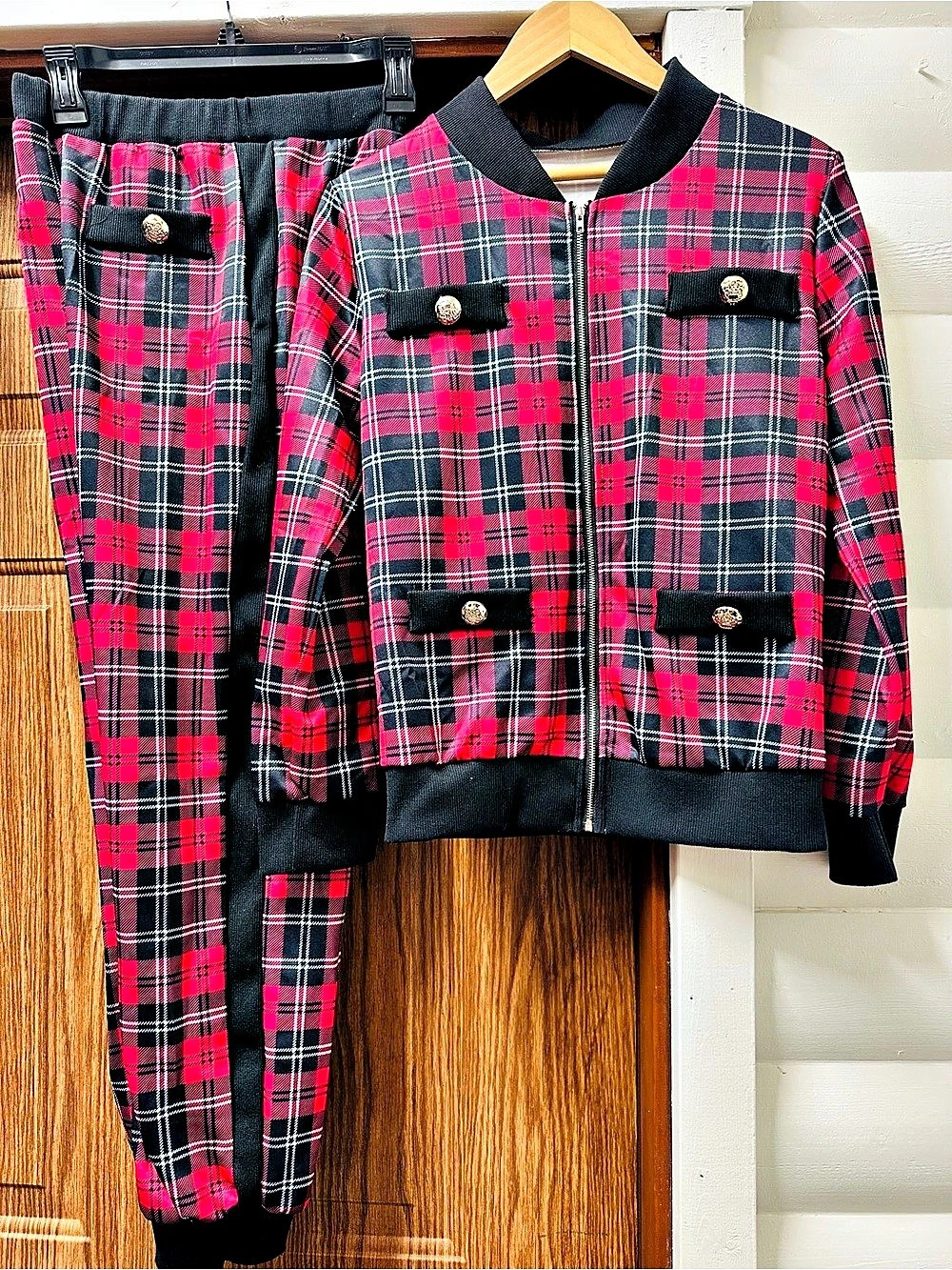 Plaid Track Jacket & Jogger Set in Red & Black size Small both jacket and pant e